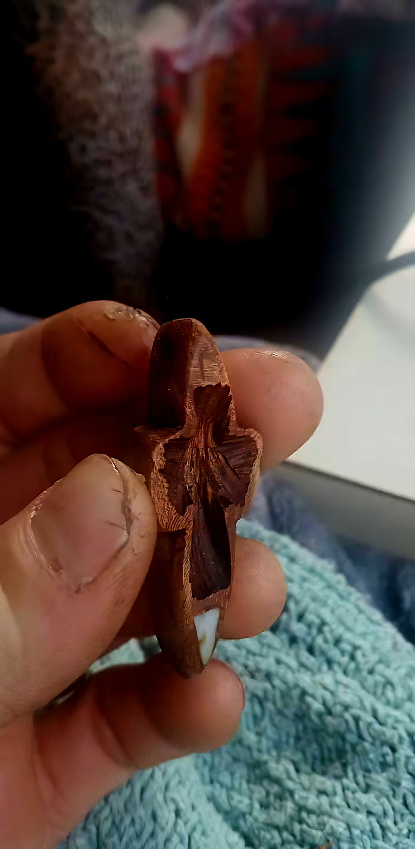 Wooden pendant with a turquoise tip resting in an open palm