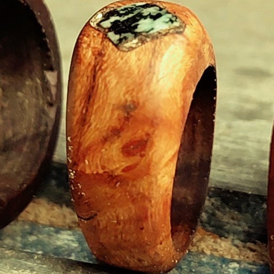 Hand-Carved Lignum Vitae Ring with Turquoise Inlay